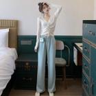 Set: Drawstring Long-sleeve Knit Top + High-waist Wide-leg Pants