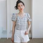 Puff-sleeve Frog Buttoned Plaid Blouse