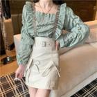 Long-sleeve Ruffled Blouse / High-waist Bow-accent Skirt