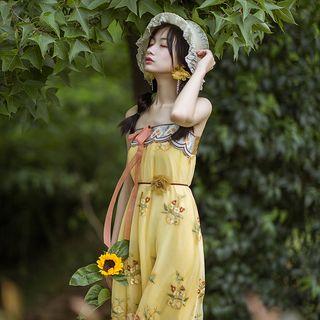 Set: Spaghetti Strap Embroidered Floral A-line Midi Dress + Light Jacket