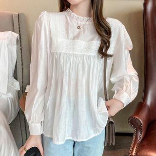 Long-sleeve Ruffled-trim Stand-collar Plain Chiffon Shirt