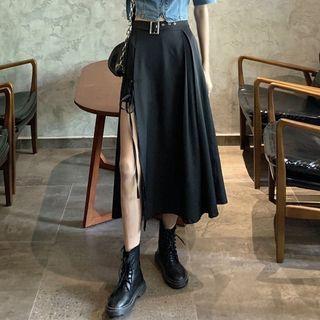 Balloon-sleeve Denim Blouse / Midi Slit A-line Skirt