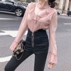Mesh Panel Sequined Ruffled Blouse Pink - One Size