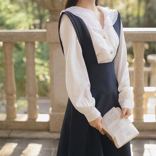 Set: Long-sleeve Blouse + Midi A-line Suspender Skirt