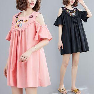 Embroidered Round-neck Off-shoulder Dress