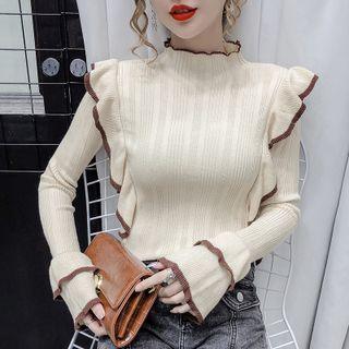 Bell Sleeve Two Tone Ruffle Knit Top