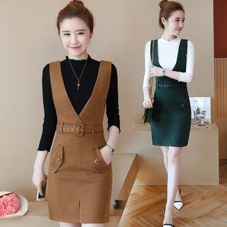 Set: Mock-neck Long-sleeve Knit Top + V-neck Pinafore Dress