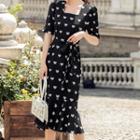 Short-sleeve Heart Print Midi Mermaid Dress
