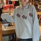 Contrast Trim Flower Pattern Long-sleeve Sweatshirt Gray - One Size