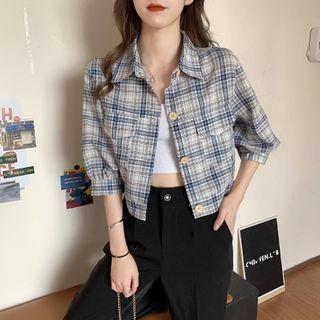 Elbow-sleeve Plaid Crop Shirt