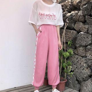 Elbow-sleeve Lettering T-shirt / Heart Print Sweatpants