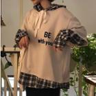 Mock Two-piece Plaid Panel Hoodie Khaki - One Size
