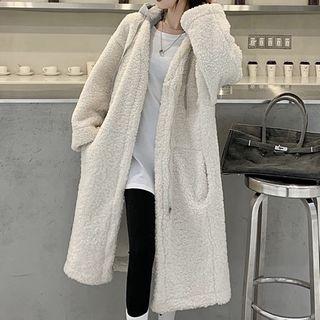 Zip-up Fleece Hooded Midi Coat