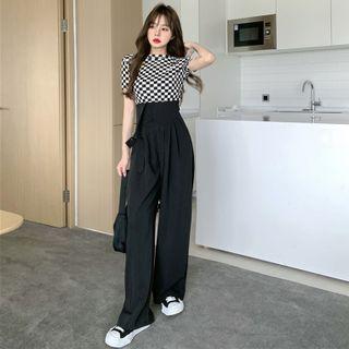 Checker Crop T-shirt / One-shoulder Wide-leg Jumper Pants