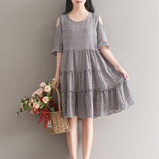 Short-sleeve Shoulder Cut Out Flroal A-line Dress