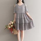 Short-sleeve Shoulder Cut Out Flroal A-line Dress