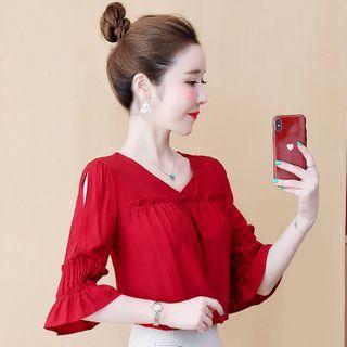 V-neck Plain Ruffle Trim Blouse