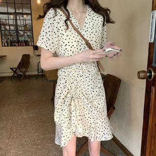 Short-sleeve Dotted Drawstring A-line Dress Almond - One Size