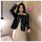 Faux Leather Contrast Collar Cropped Jacket