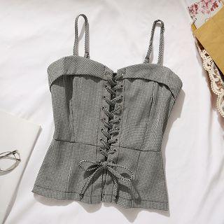 Lace-up Houndstooth Camisole Top