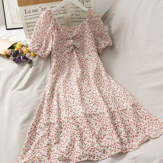 Boatneck Ruched Floral Midi Dress