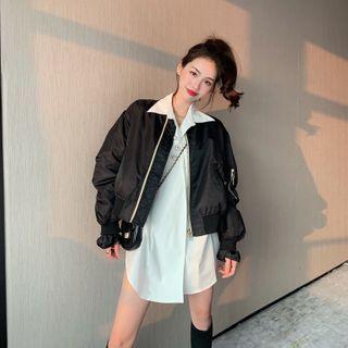 Long-sleeve Faux Pearl Shirt / Bomber Jacket