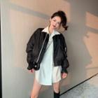 Long-sleeve Faux Pearl Shirt / Bomber Jacket
