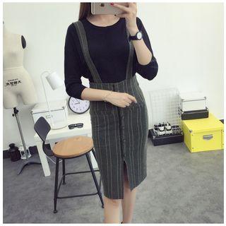 Striped Front-slit Pinafore Pencil Dress