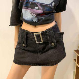 Low Rise Belted Denim Mini A-line Skirt