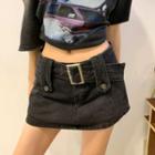 Low Rise Belted Denim Mini A-line Skirt