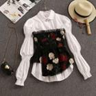 Set: Lantern-sleeve Shirt + Flower Embroidered Strapless Top