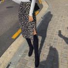 Slit-side Leopard Knit Skirt Black - One Size