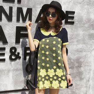 Flower Embroidered Mesh Panel Collared Short Sleeve Dress