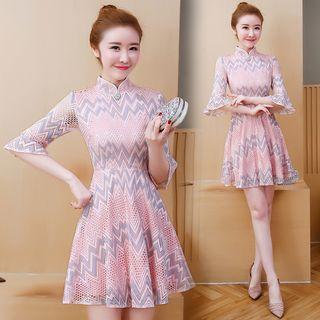 Chevron Elbow-sleeve A-line Dress