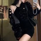 Halter-neck Slit Spaghetti Strap Dress / Fleece Pocket-detail Cropped Jacket