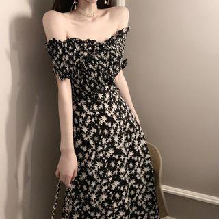 Off-shoulder Print Midi A-line Dress