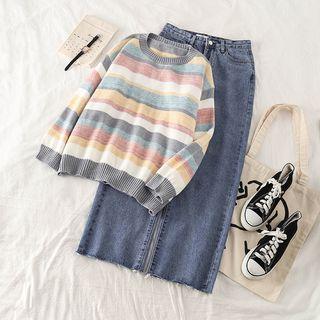 Striped Loose-fit Sweater / Frayed Straight-leg Jeans