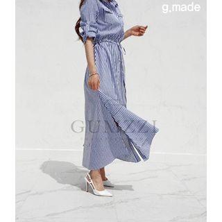 Drawstring-waist Striped Maxi Shirtdress Blue - One Size