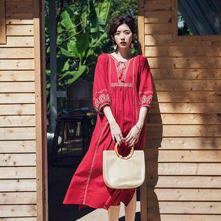 Embroidered Elbow-sleeve Midi Dress With Sash