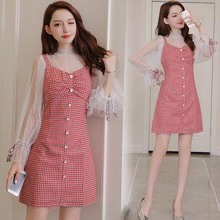 Set: Mesh Long-sleeve Top + Patterned Pinafore Dress