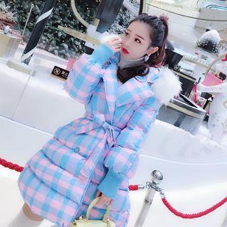 Hooded Plaid Waist-tied Padded Jacket