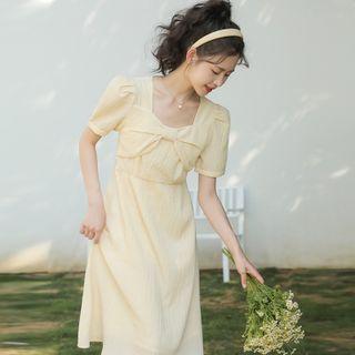 Short-sleeve Plain Bow Midi A-line Dress