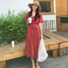 V-neck Slit-side Short Sleeve Button A-line Dress