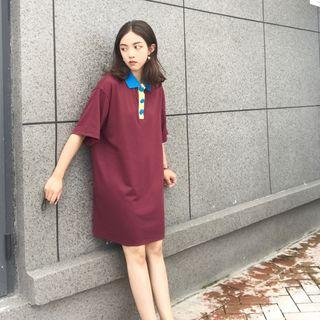 Color Block Elbow-sleeve Polo Dress