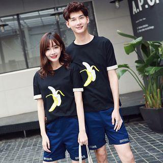 Couple Matching Set : Embroidered Short-sleeve T-shirt + Shorts