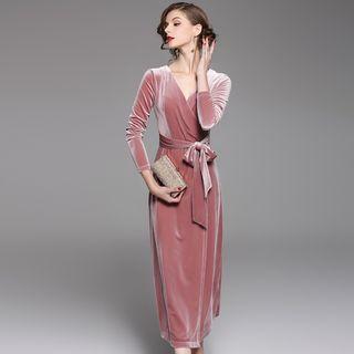 Wrap Front Long-sleeve Maxi Velvet Sheath Dress