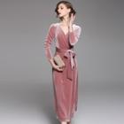Wrap Front Long-sleeve Maxi Velvet Sheath Dress