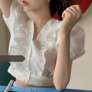 Short-sleeve Ruffle Crop Blouse White - One Size