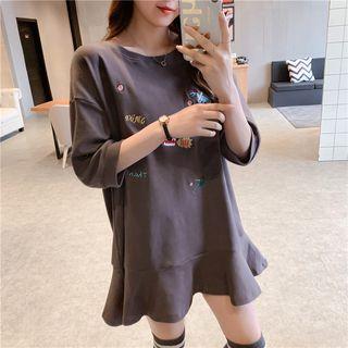 3/4-sleeve Embroidered Mini T-shirt Dress