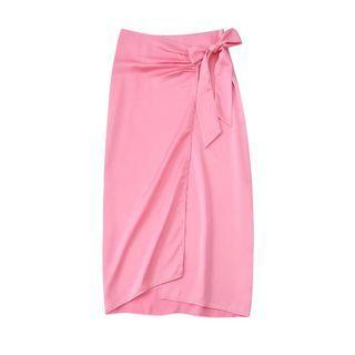 Tie-side Shirred Midi Pencil Skirt